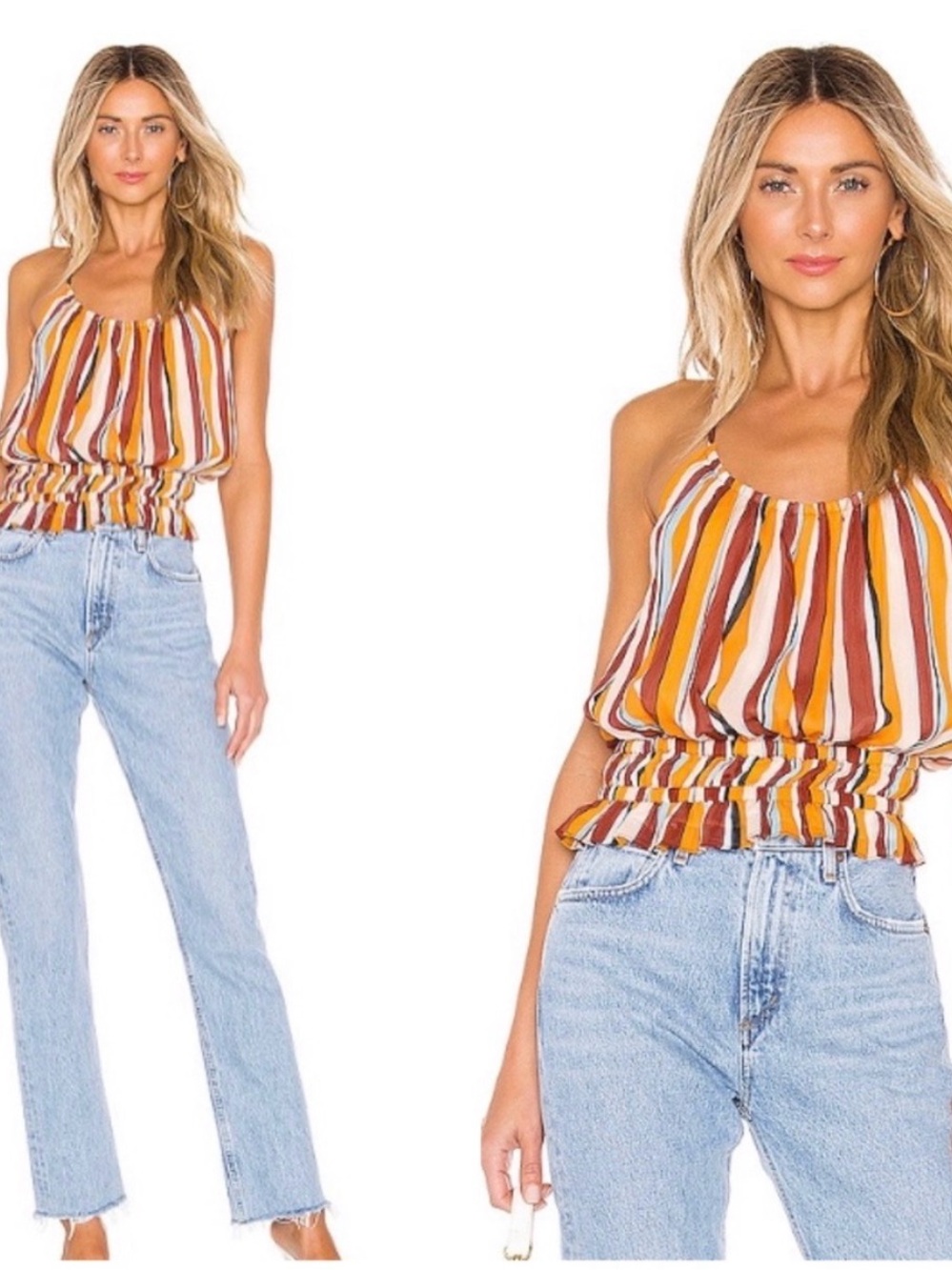 Frame denim sunrise multi stripe silk smocked tank top women size xs